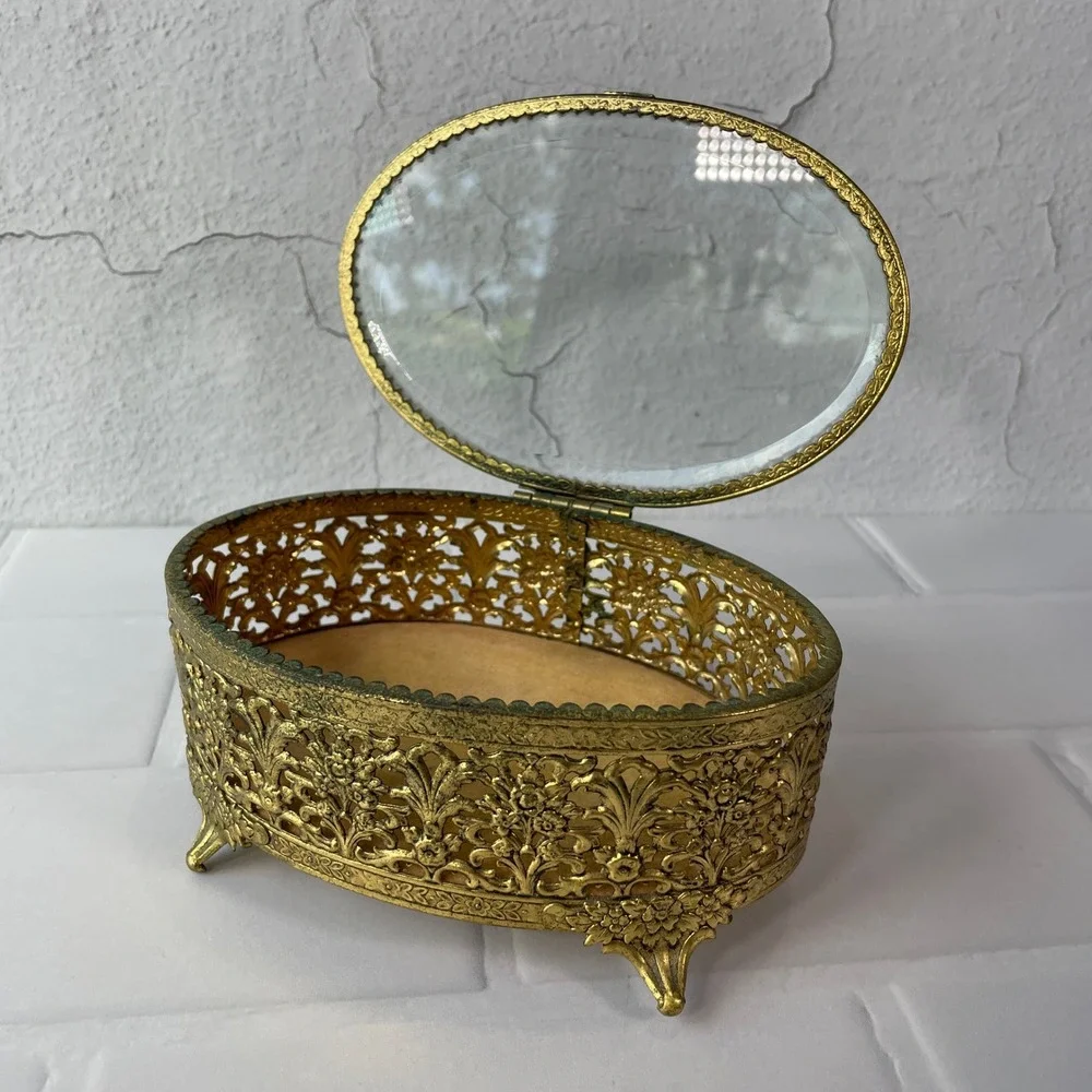 Vintage Gold Filigree Glass Trinket Box Oval Hollywood Regency Jewelry Casket